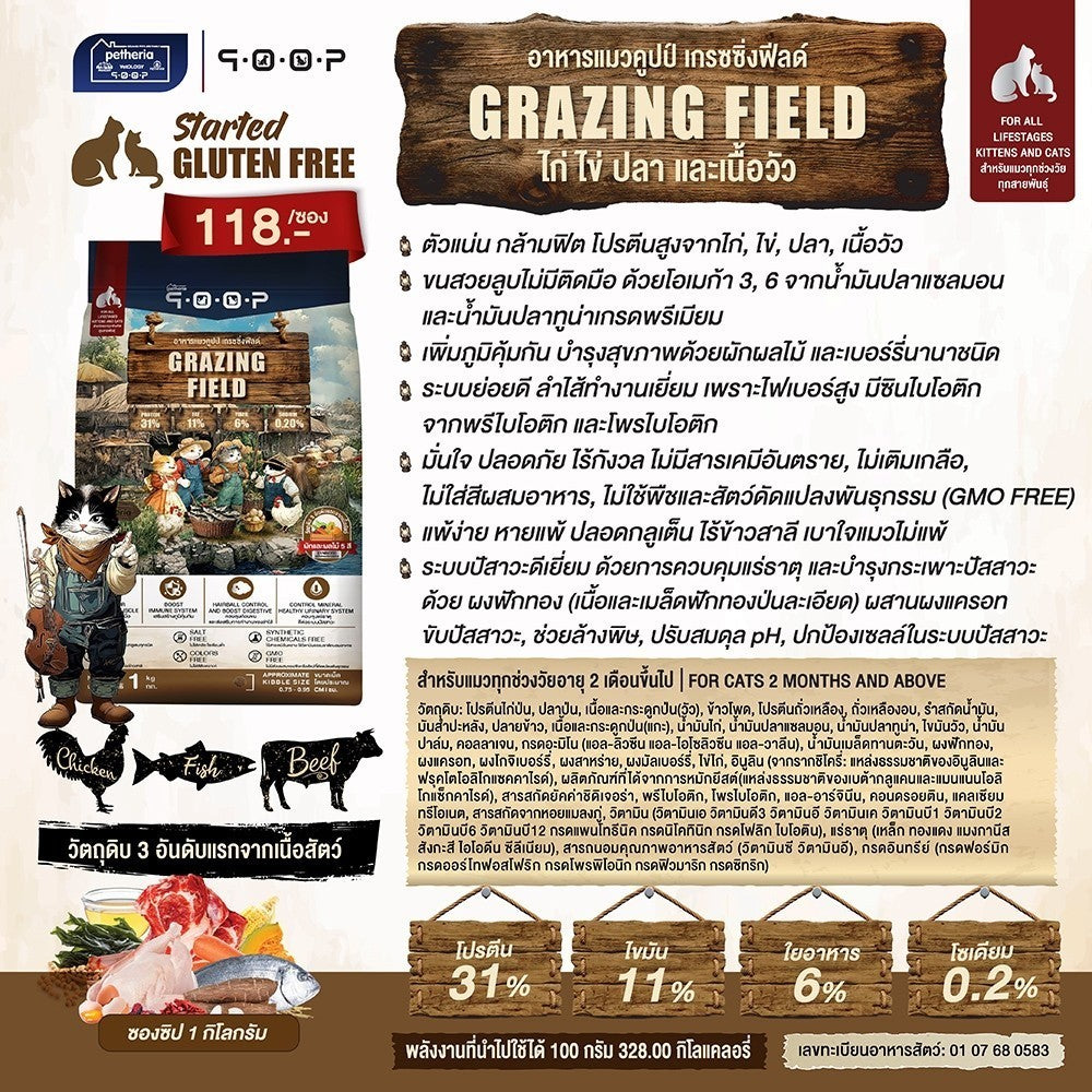 อาหารแมวคูปป์ qoop [แพ็ค 5 ถุง*1kg.] อาหารแมวคูปป์ STARTED GLUTEN FREE สำหรับแมวทุกช่วงวัย ขนาด 1 กก.