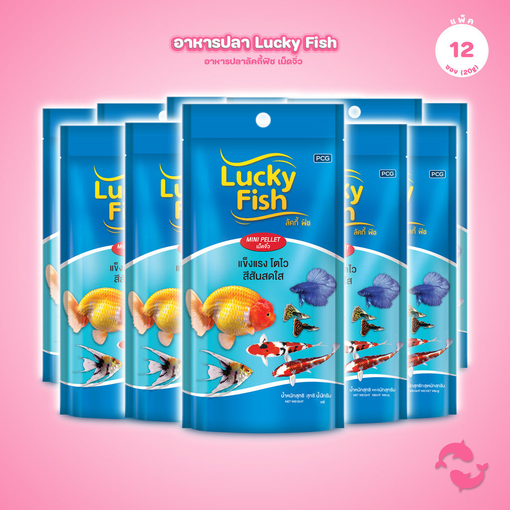 [ยกโหล 12*20g] Lucky Fish อาหารปลา อาหารปลากินง่าย เม็ดจิ๋ว โปรตีนสูง เร่งสี เร่งโต ปลาแข็งแรง สีสันสดใส