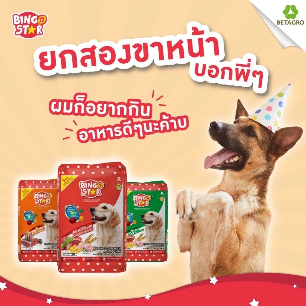 [ยกกระสอบ 20 กก.] BingoStar อาหารสุนัขโต เม็ดรูปดาว โปรตีนจากปลา มี Synbiotic โอเมก้า 3&6 สำหรับสุนัขอายุ 1 ปีขึ้นไป