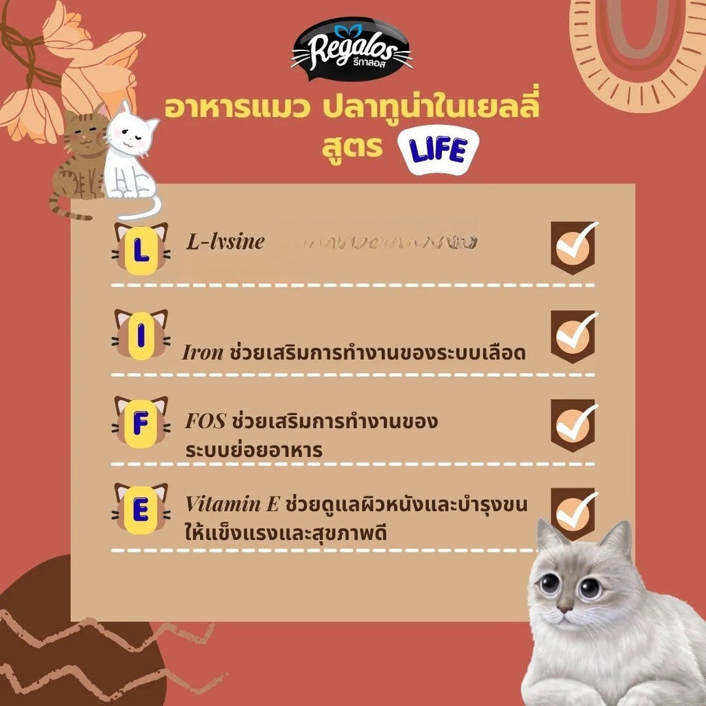 [ยกลัง 48 ซอง] Regalos LIFE อาหารเปียกแมว ทูน่าในเยลลี่ 5 สูตร ทำจากเนื้อปลาแท้ ไม่เติมเกลือ 70 กรัม จำนวน 48 ซอง