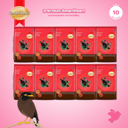 [แพ็ค 10*1kg] อาหารนก SmartHeart สมาร์ทฮาร์ท อาหารนกขุนทอง นกเอี้ยง สูตรขนสวยเงางาม สูตรร้องไว สำหรับนก 1kg