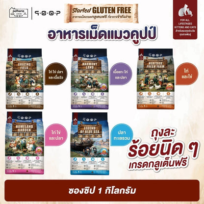 อาหารแมวคูปป์ qoop [แพ็ค 5 ถุง*1kg.] อาหารแมวคูปป์ STARTED GLUTEN FREE สำหรับแมวทุกช่วงวัย ขนาด 1 กก.