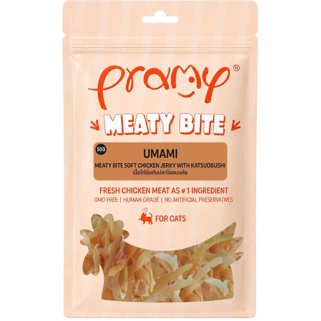 [1 ซอง] Pramy Meaty Bite ขนมแมวเนื้อนิ่ม สันในไก่แท้ โปรตีนสูง 40% Soft & Chewy ขนาด 30g มี 12 สูตร