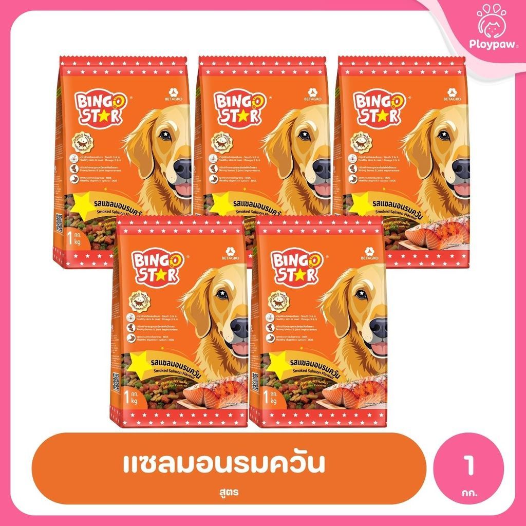 [แพ็ค 5*1 กก.] BingoStar อาหารสุนัขโต 1kg เม็ดรูปดาว โปรตีนจากปลา มี Synbiotic โอเมก้า 3&6 สำหรับสุนัขอายุ 1 ปีขึ้นไป