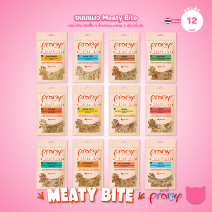 [ยกแพ็ค 12 ซอง] Pramy Meaty Bite ขนมแมวเนื้อนิ่ม สันในไก่แท้ โปรตีนสูง 40% Soft & Chewy ขนาด 30g จำนวน 12 ซอง มี 12 สูตร