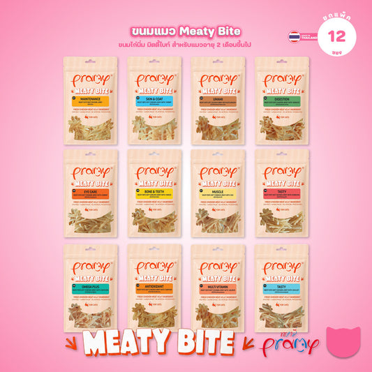 [ยกแพ็ค 12 ซอง] Pramy Meaty Bite ขนมแมวเนื้อนิ่ม สันในไก่แท้ โปรตีนสูง 40% Soft & Chewy ขนาด 30g จำนวน 12 ซอง มี 12 สูตร