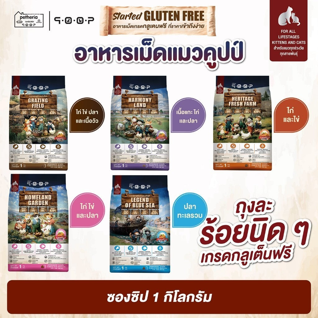 อาหารแมวคูปป์ qoop [ยกลัง 10 ถุง*1kg.] อาหารแมวคูปป์ STARTED GLUTEN FREE สำหรับแมวทุกช่วงวัย ขนาด 1 กก.