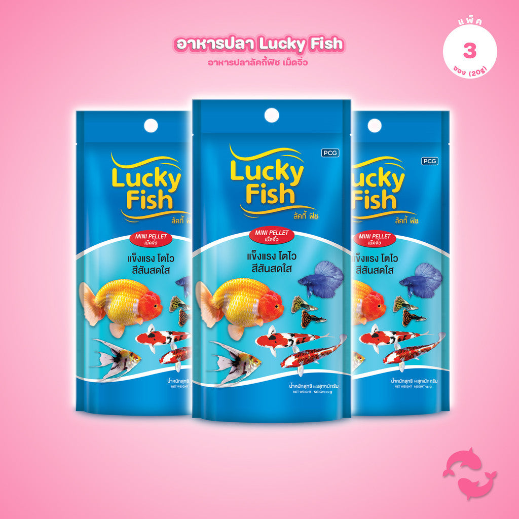 [แพ็ค 3*20g] Lucky Fish อาหารปลา อาหารปลากินง่าย เม็ดจิ๋ว โปรตีนสูง เร่งสี เร่งโต ปลาแข็งแรง สีสันสดใส