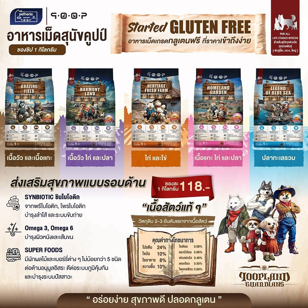 อาหารสุนัขคูปป์ qoop [ยกลัง 10 ถุง*1kg.] STARTED GLUTEN FREE สำหรับสุนัขทุกช่วงวัยขนาด 1 กก.(kg.)