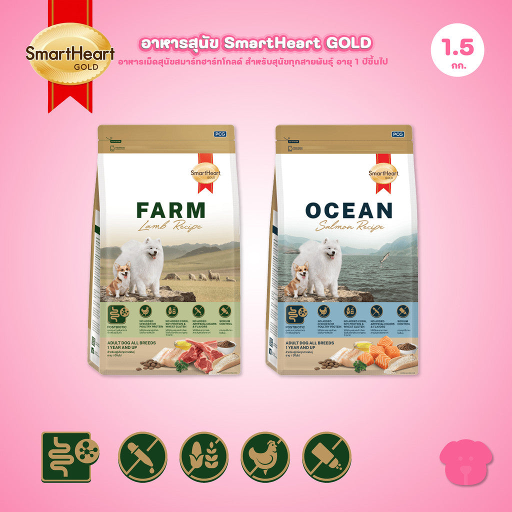 อาหารเม็ดสุนัขสมาร์ทฮาร์ทโกลด์ [1.5kg] SmartHeartGOLD ไม่มีผลพลอยได้ฯ ปราศจากธัญพืช สำหรับสุนัขทุกสายพันธุ์