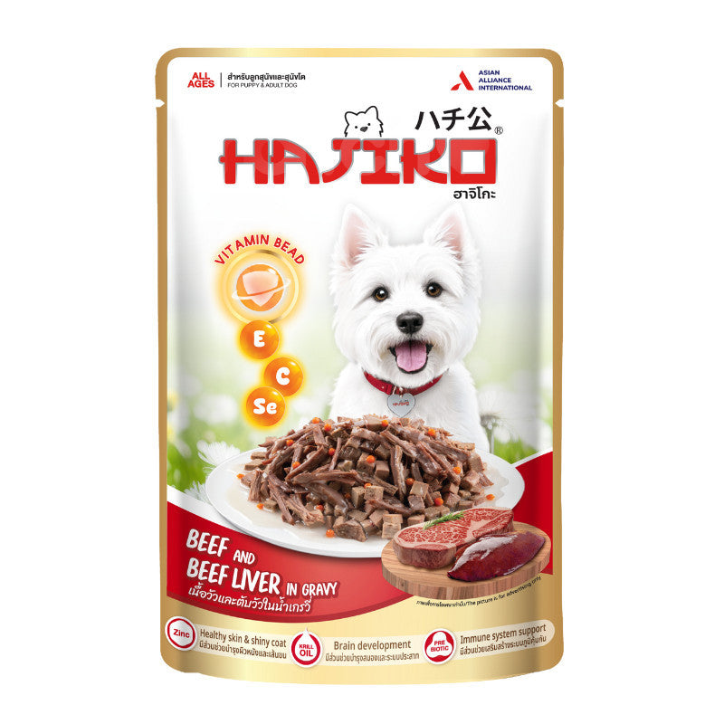 อาหารเปียกสุนัข HAJIKO [1 ซอง] ฮาจิโกะ เนื้อพรีเมี่ยม พร้อม vitamin bead สำหรับสุนัขทุกช่วงวัย ขนาด 70 กรัม(g.)