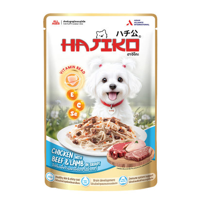 อาหารเปียกสุนัข HAJIKO [ยกโหล 12 ซอง] ฮาจิโกะ เนื้อพรีเมี่ยม พร้อม vitamin bead สำหรับสุนัขทุกช่วงวัย ขนาด 70 กรัม(g.)