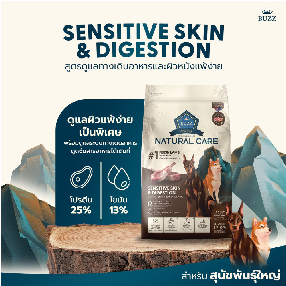 BUZZ [1.2 kg.] Natural Care อาหารสุนัข Dog Holistic Gluten Free บัซซ์ ไม่มีเนื้อไก่ สำหรับสุนัขแพ้ง่าย ขนาด 1.2 กก.(kg.)