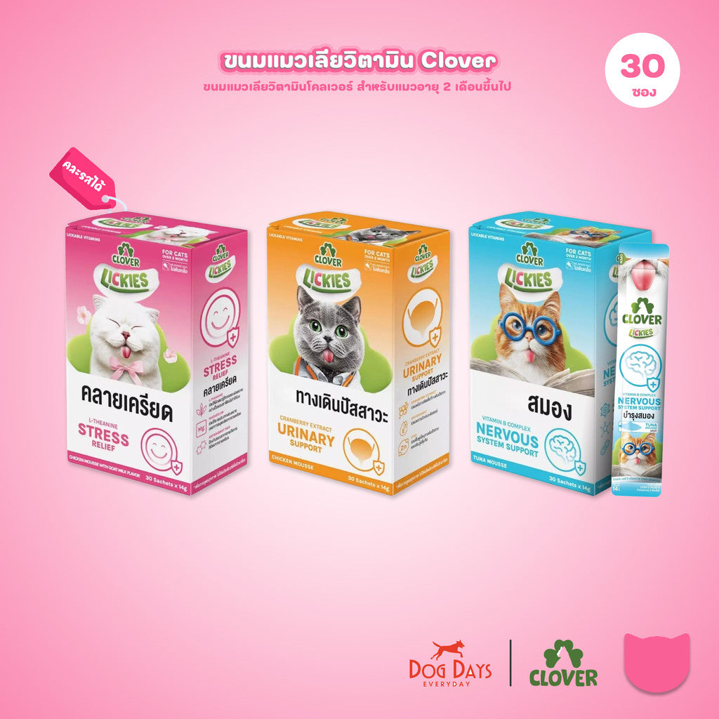 วิตามินแมวเลียโคลเวอร์ [ยกกล่อง 30 ซอง] Clover Lickies Cat Creamy เสริมสุขภาพแมว