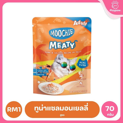 อาหารเปียกแมวมูชี่ [ยกลัง 48 ซอง] Moochie Pouch เพาซ์ โภชนาการครบถ้วน สำหรับแมวเด็ก แมวโต แมวสูงวัย ขนาด 70 กรัม(g.)